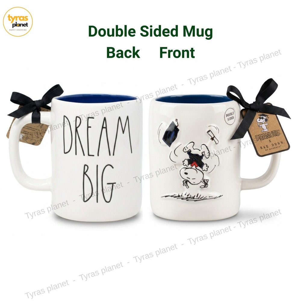 Snoopy Graduation Rae Dunn "DREAM BIG" Double Sided White Mug New